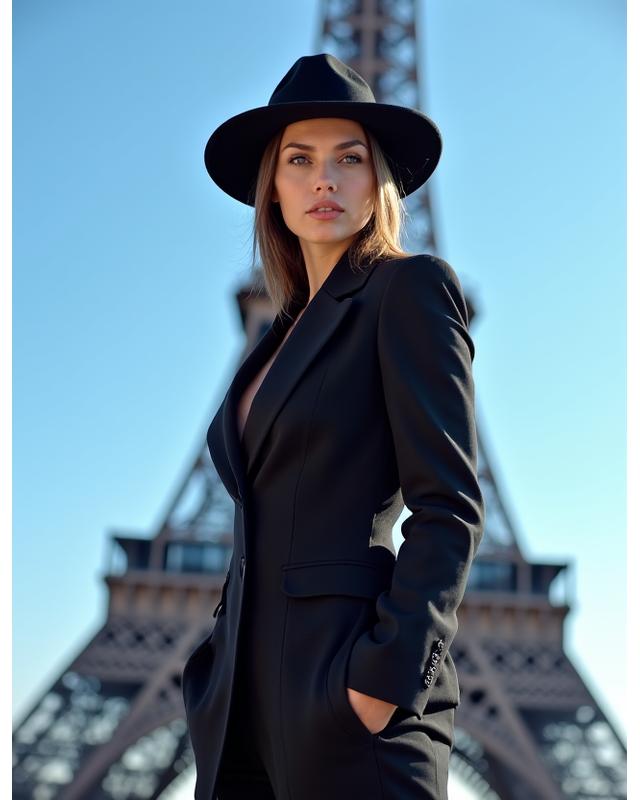 Modèle élégant avec un fedora devant la Tour Eiffel emblématique.