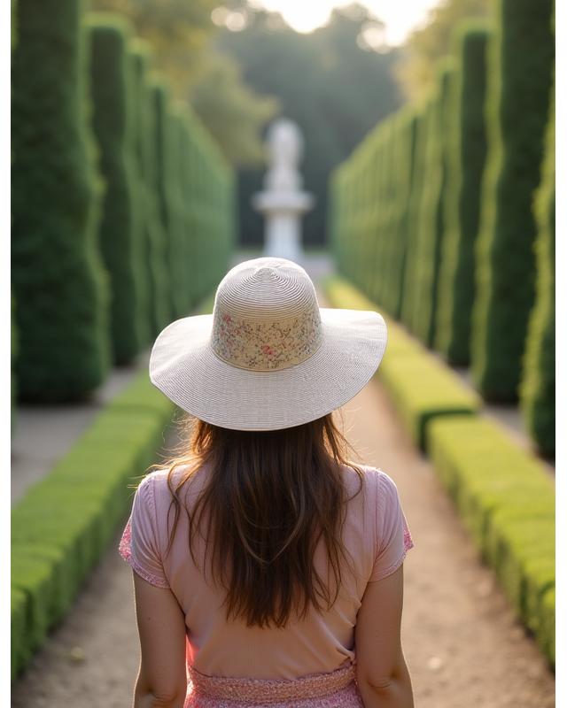 Modèle contemplatif portant un chapeau abstrait dans un jardin français.