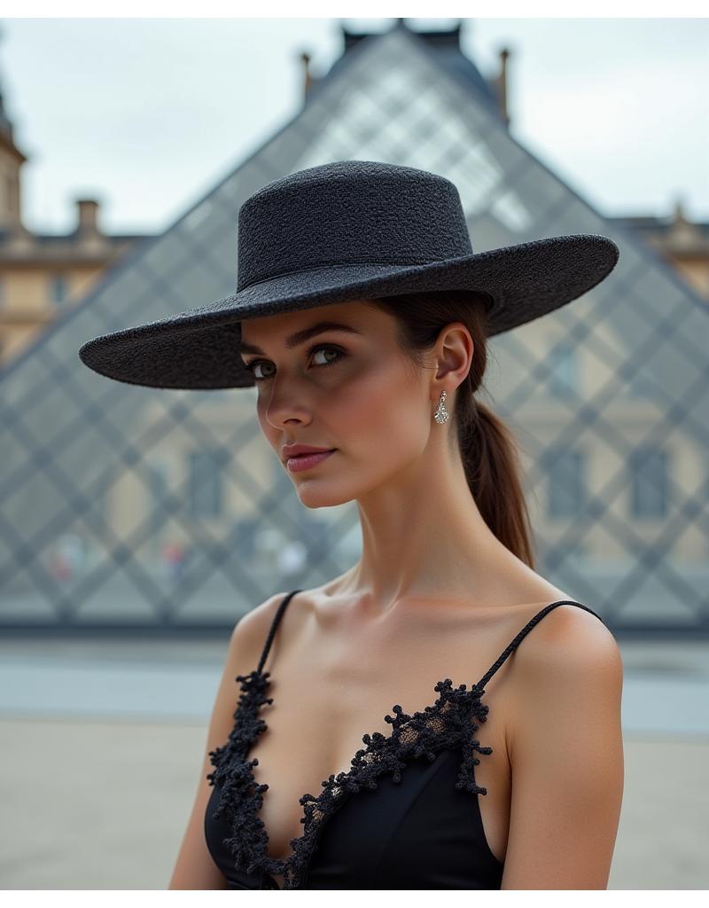Modèle posant avec un chapeau à motifs géométriques devant la Pyramide du Louvre.