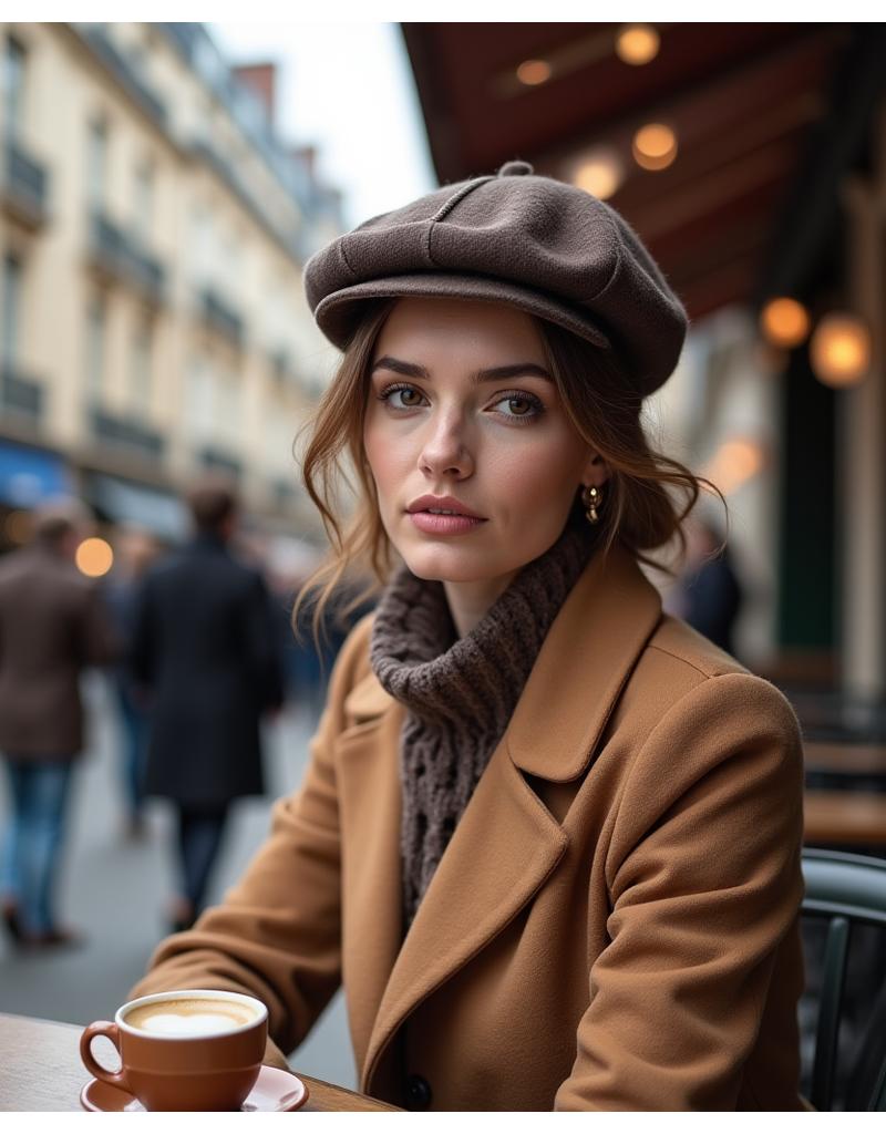 Modèle portant un béret élégant dans un café parisien classique.