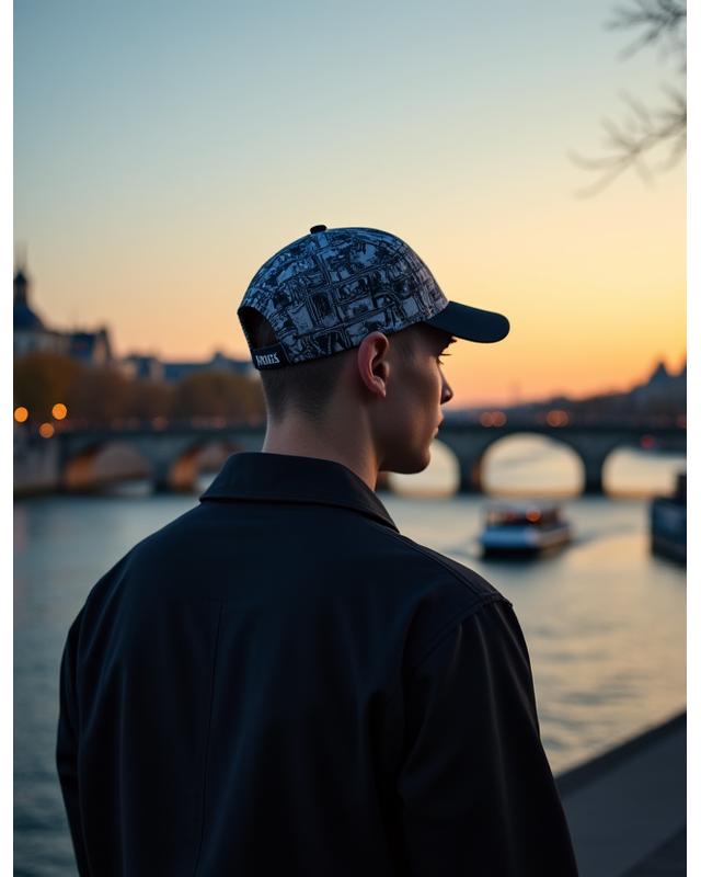 Modèle avec une casquette moderne le long de la Seine au crépuscule.