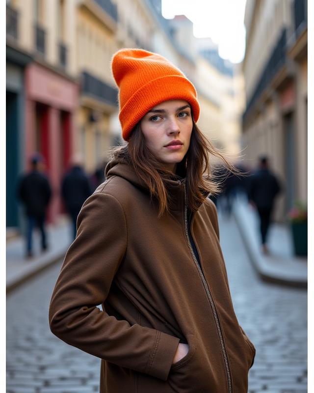 Jeune femme stylée portant un bonnet urbain dans une rue pavée de Paris.